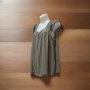 Pleione Green Button Up Ruffle Cap Sleeved Top Women's Size Large